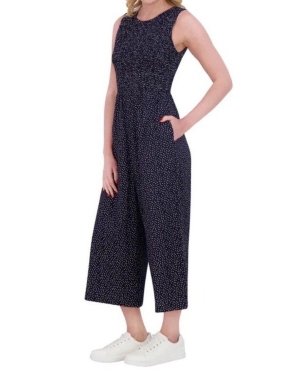 The Andrew Marc Women's Polka Dot White & Navy Blue Smocked Jumpsuit
